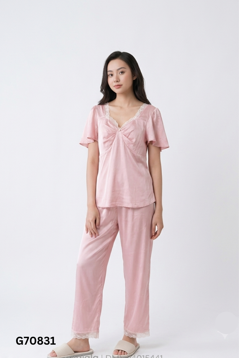 Set áo + quần dài lụa hồng mix ren