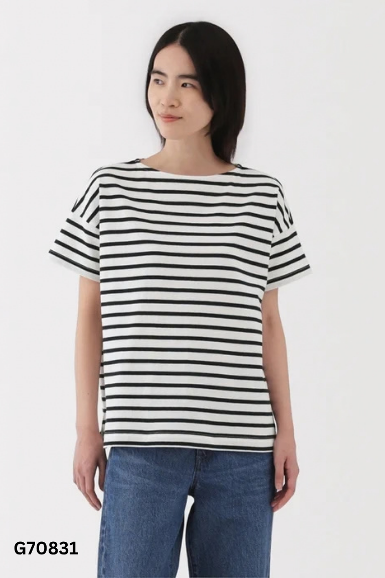 Áo thun MUJI trắng kẻ xanh than