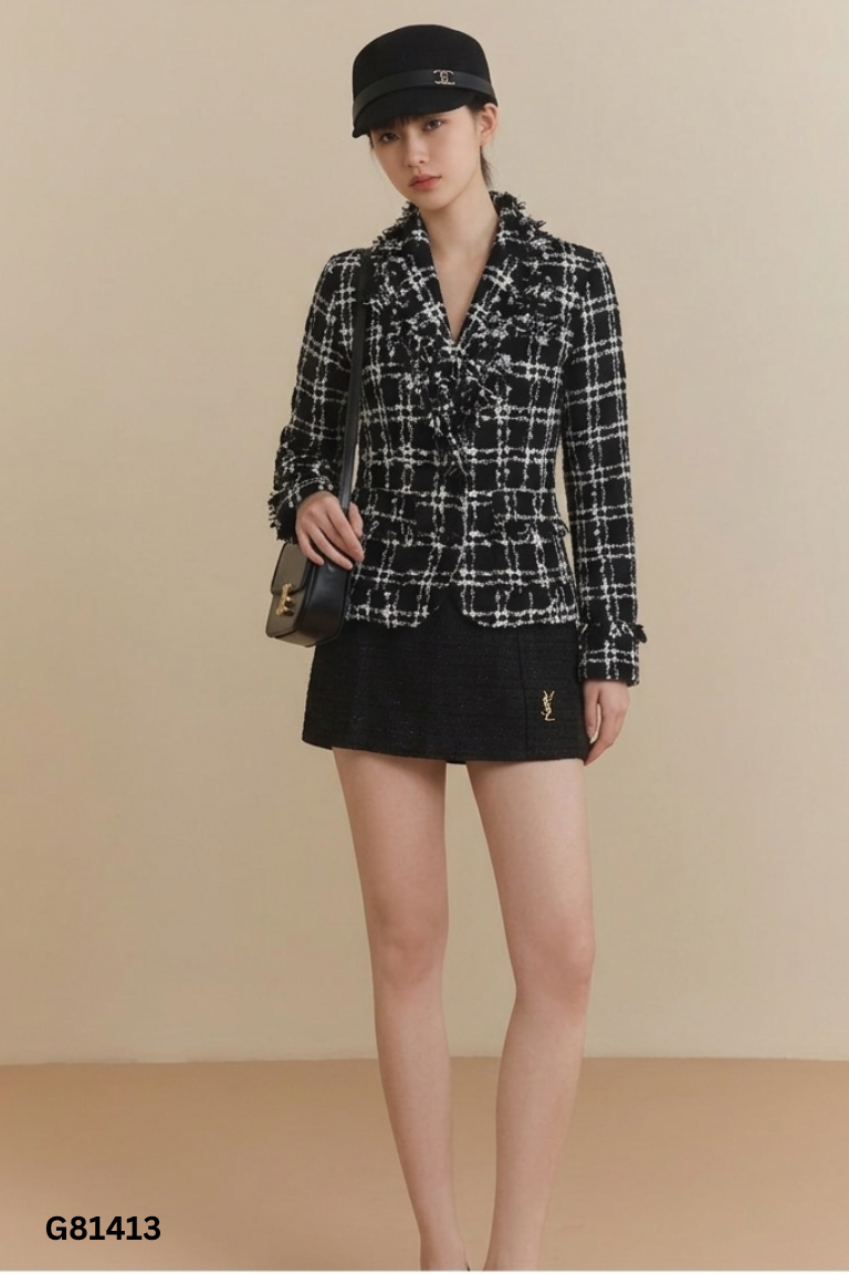 Set Áo dạ đen phối trắng + chân váy