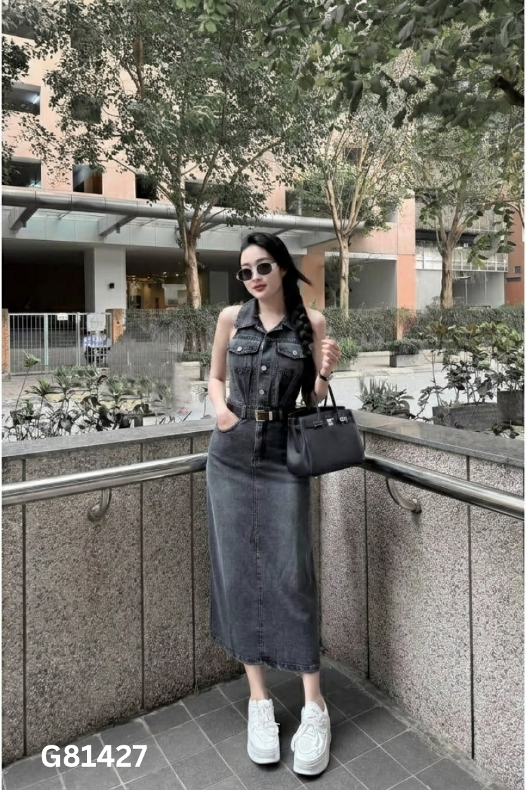Váy sát nách jeans xám phối cúc