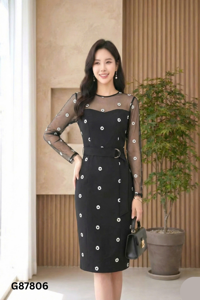Váy lưới đen ELISE thêu hoa trắng