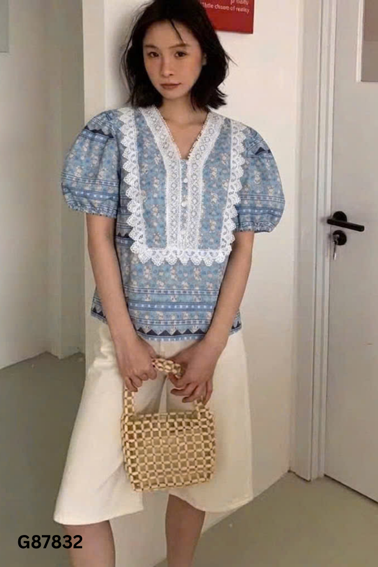 Áo xanh HANAN họa tiết phối ren