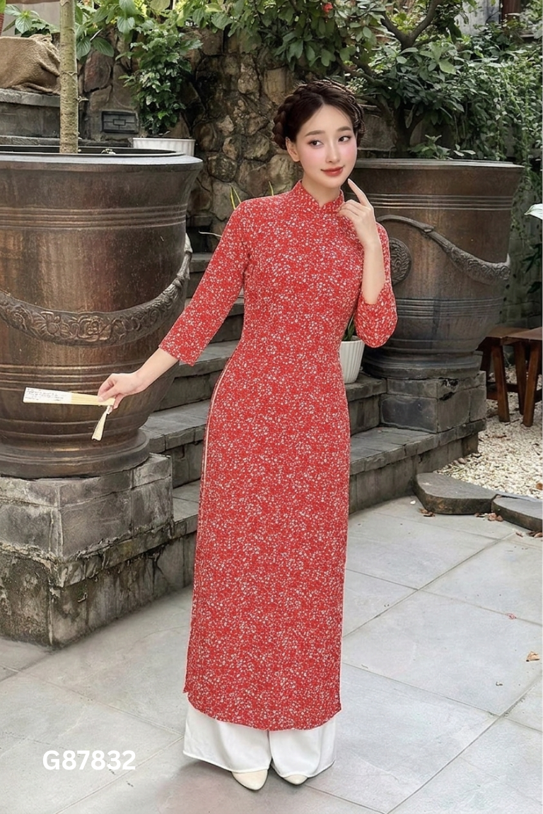 Set áo dài đỏ hoa+quần trắng