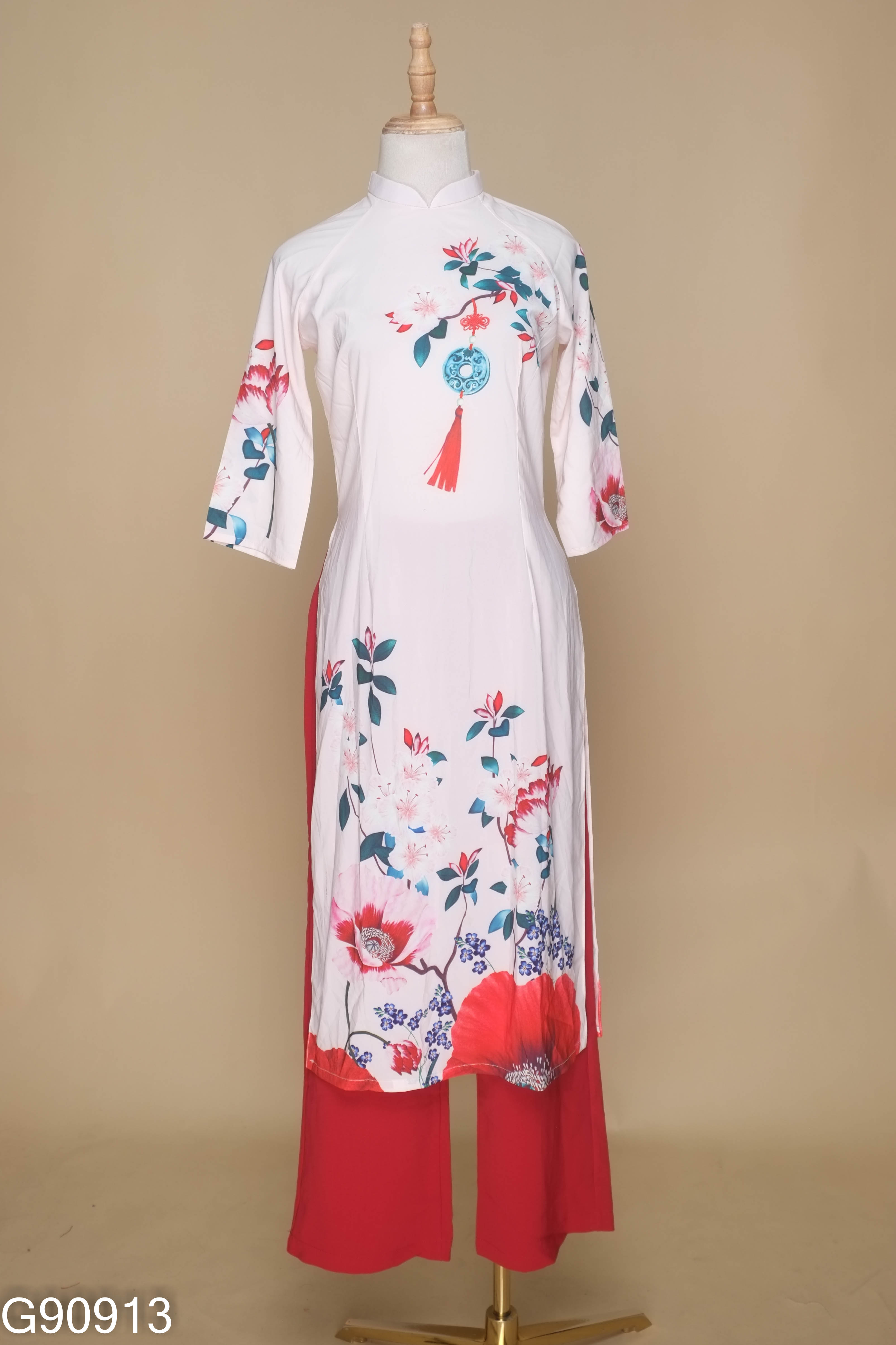 Set áo dài hồng họa tiết + quần đỏ