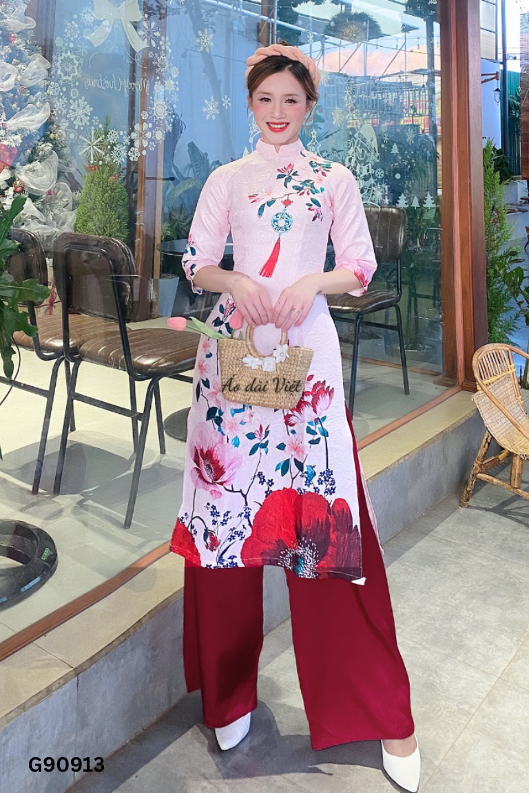 Set áo dài hồng họa tiết + quần đỏ