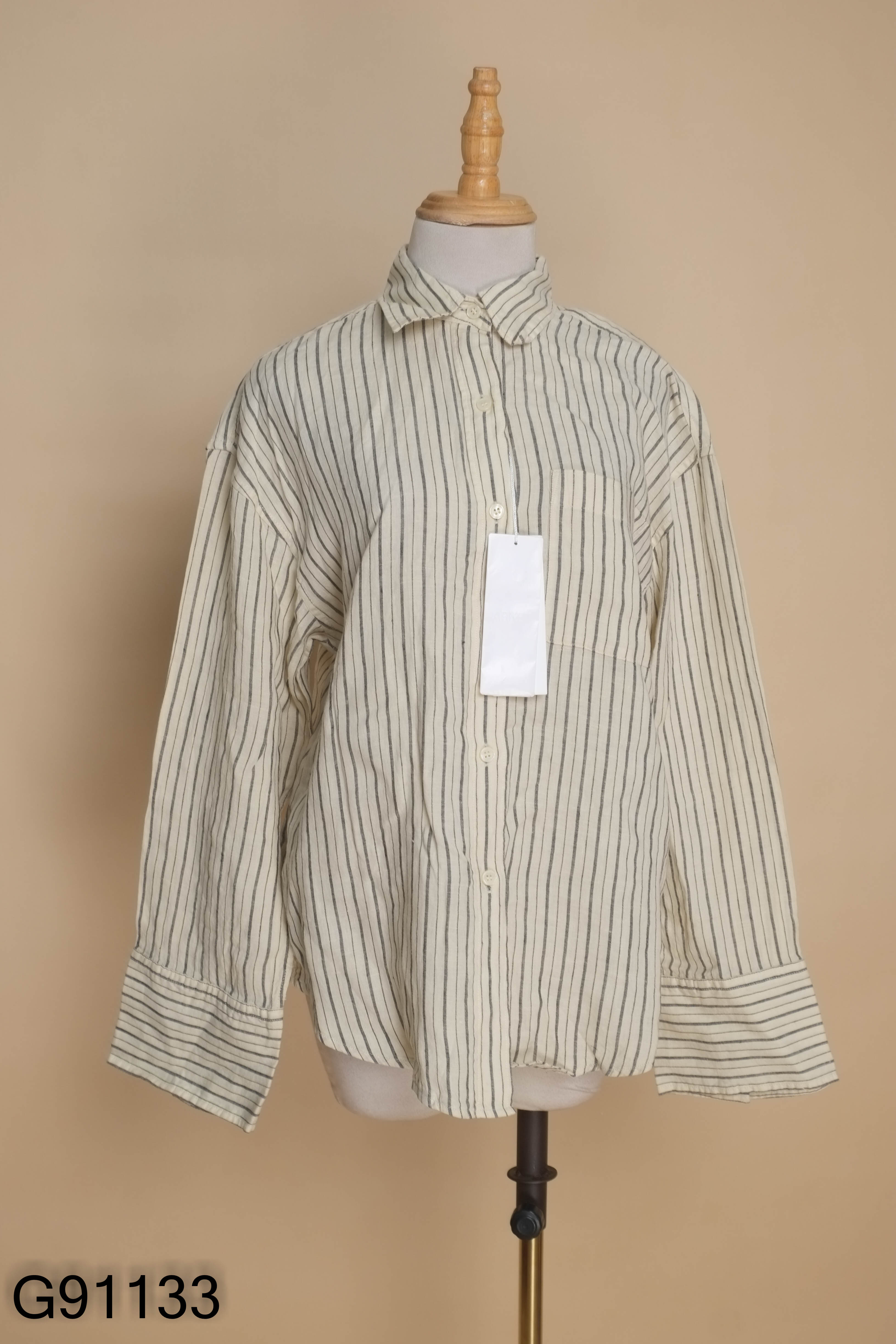 NEWTAG Áo sơ mi linen be sọc xám