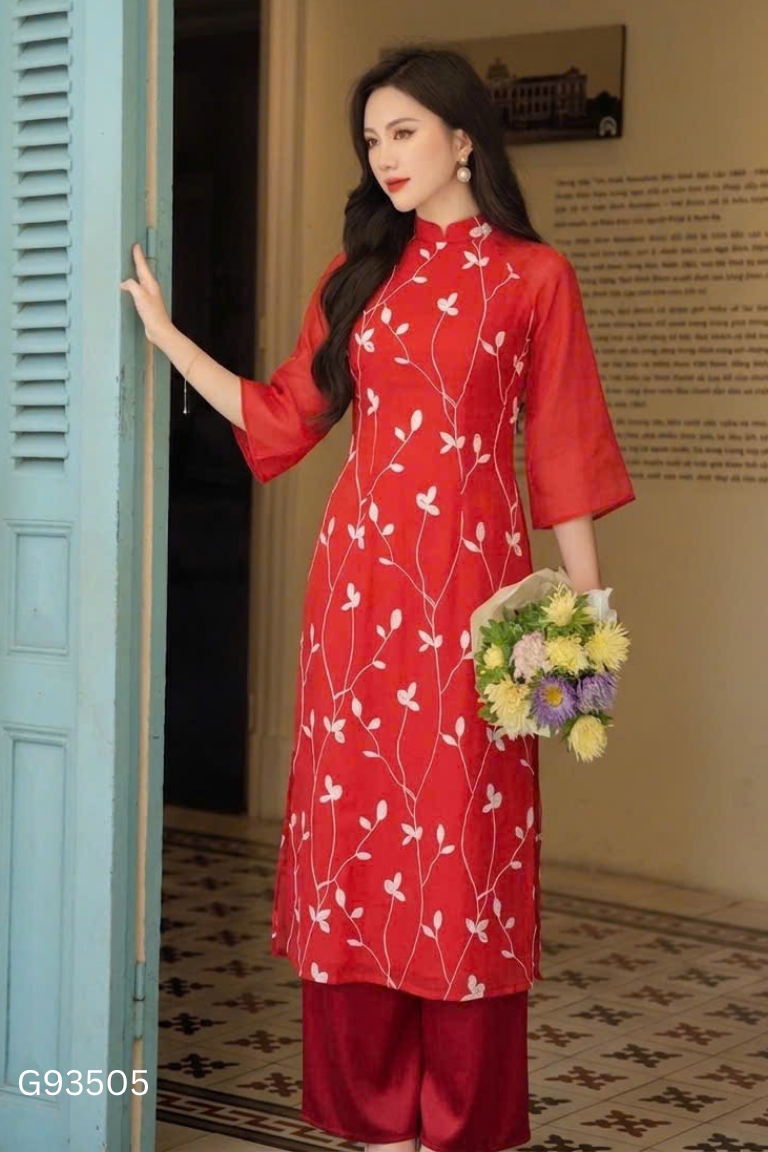 Set Áo dài đỏ thêu họa tiết + quần trắng
