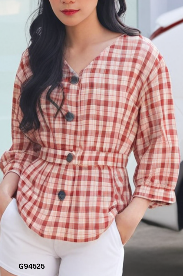 Áo MIXXO đỏ kẻ phối cúc