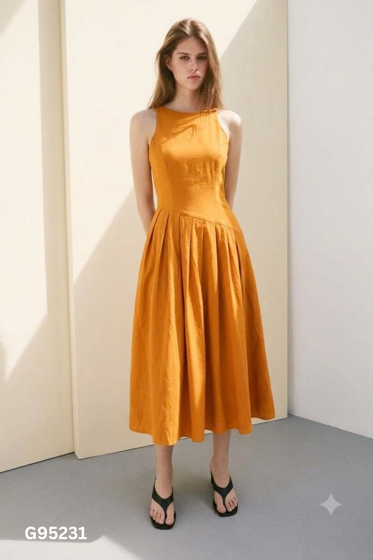Váy linen cam xếp ly
