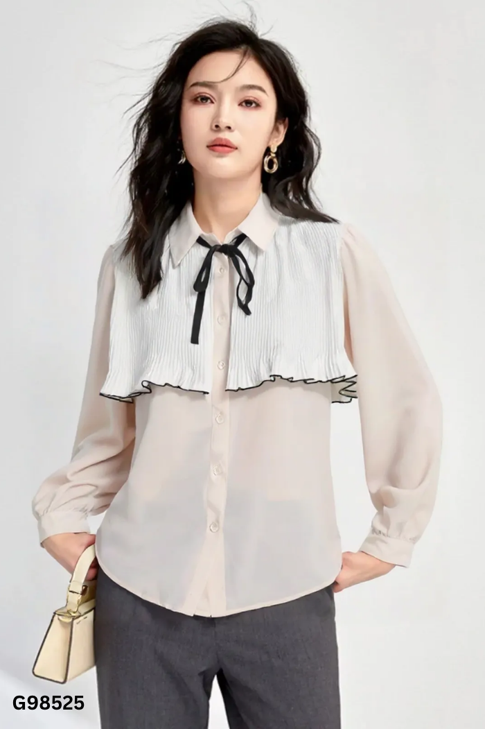 Áo sơ mi be phối dập ly