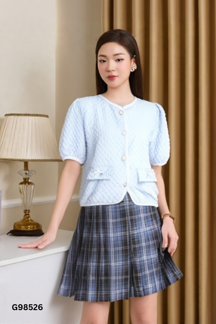 SET Áo xanh cúc ngọc + chân váy xanh kẻ