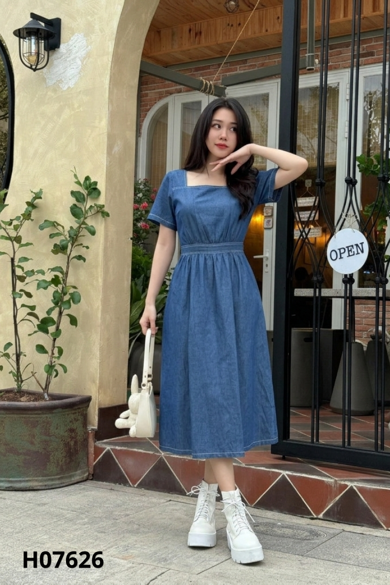 Váy giả jeans xanh cổ vuông