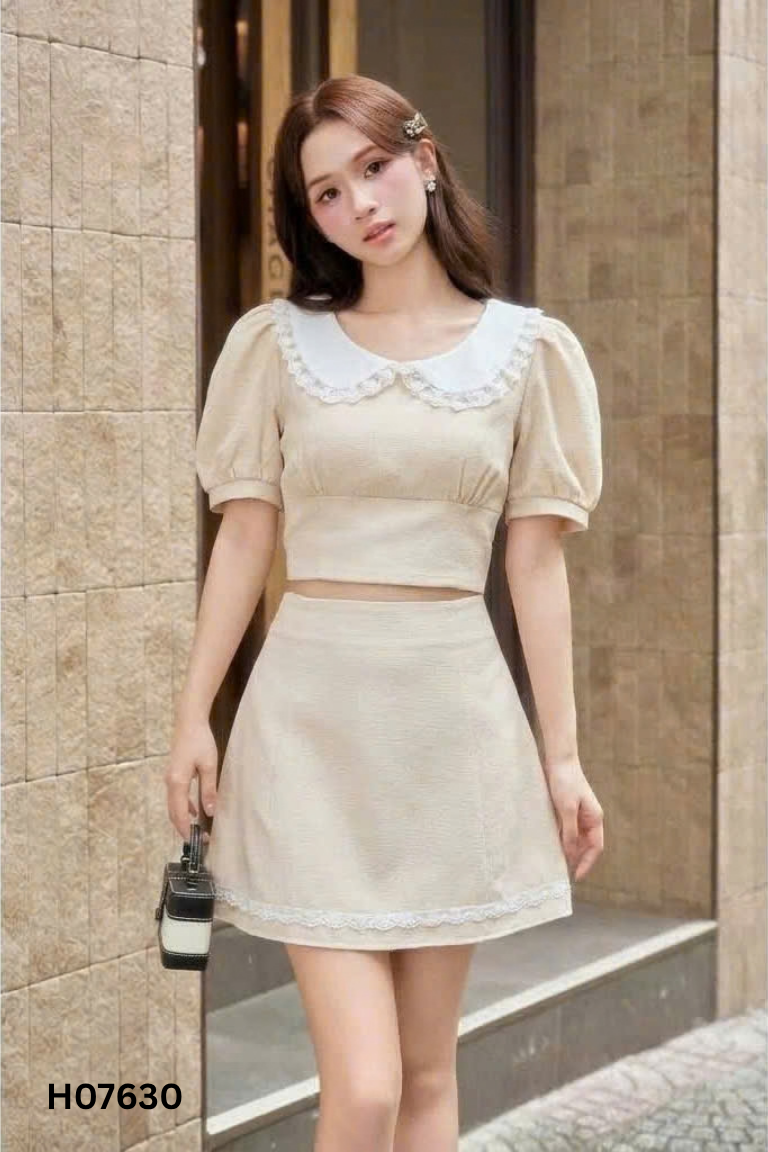 Set áo + chân váy be mix ren trắng