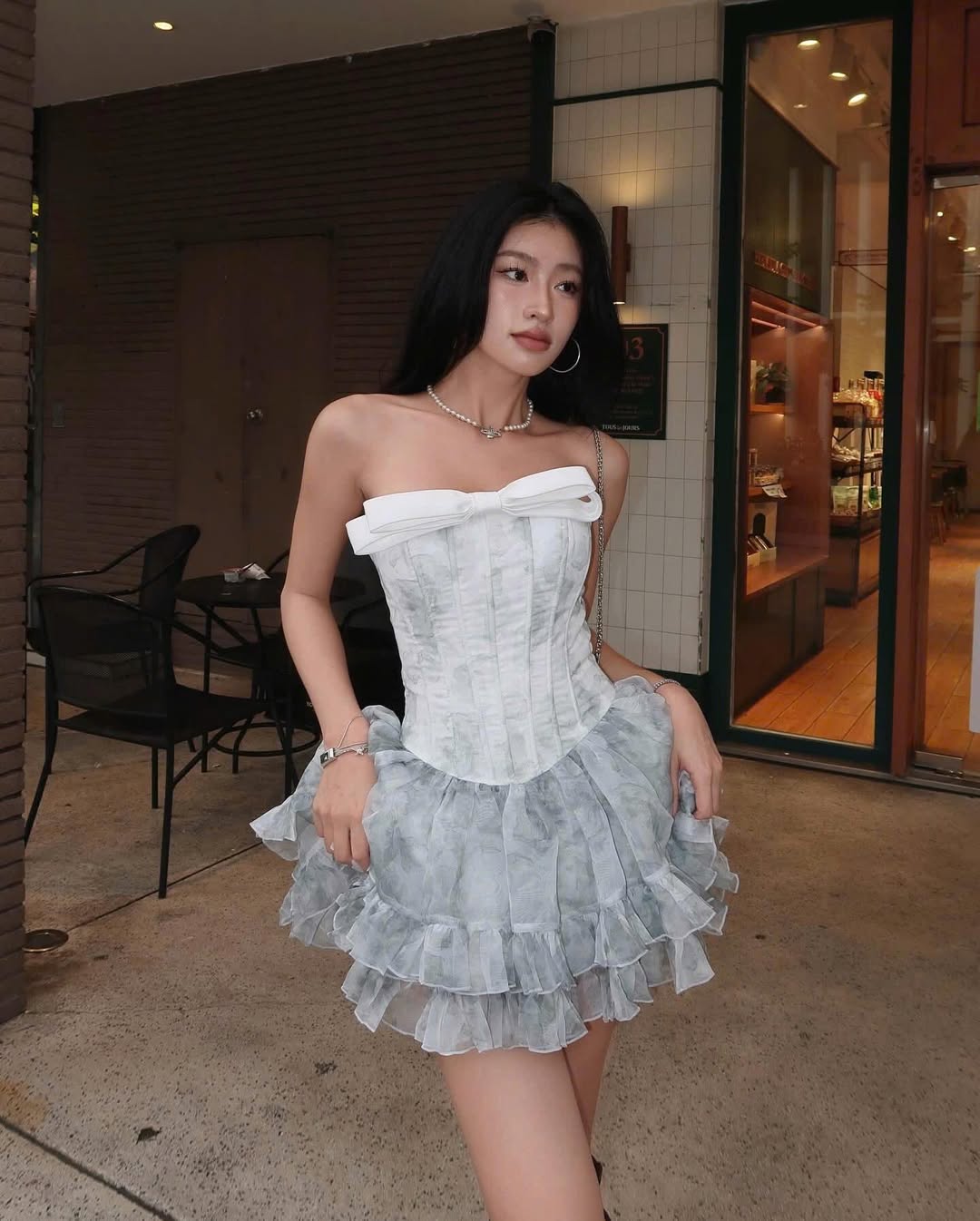 Váy cúp ngực trắng xanh loang ZEN LULU phối nơ