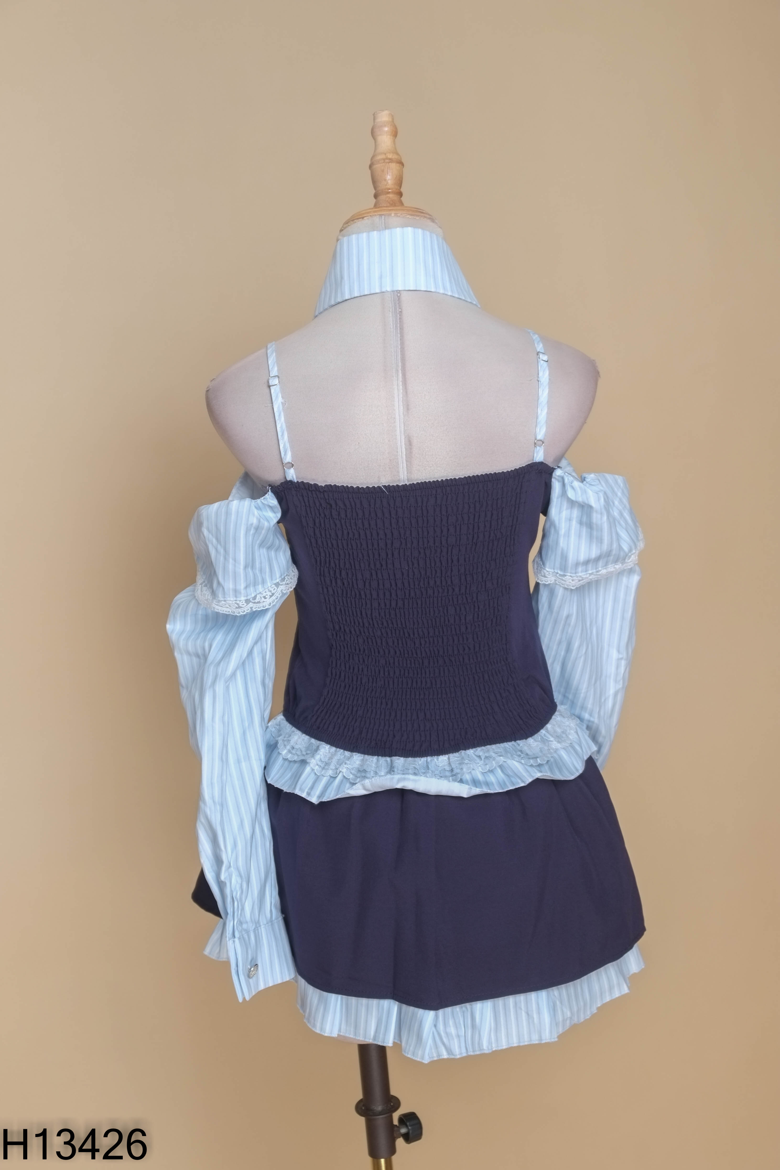Set xanh than phối sọc áo kiểu + chân váy