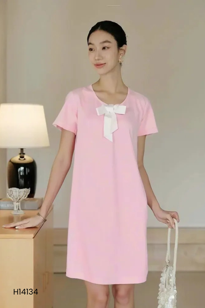 Váy ZENDA hồng nơ trắng