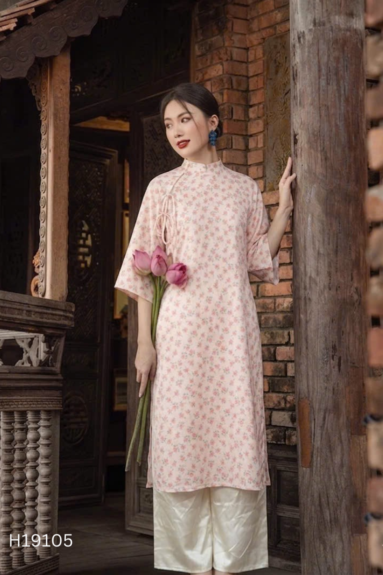 Set áo dài be họa tiết hoa + quần lụa be
