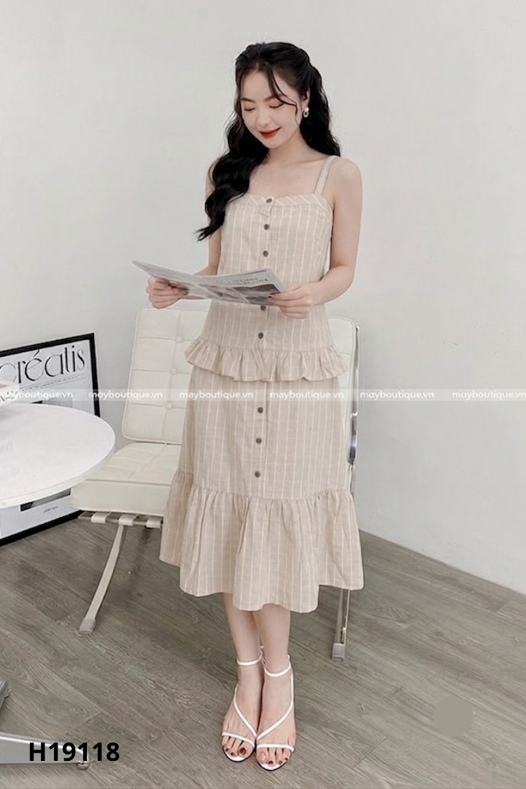 Set Áo hai dây hồng kẻ trắng + Chân váy đuôi cá