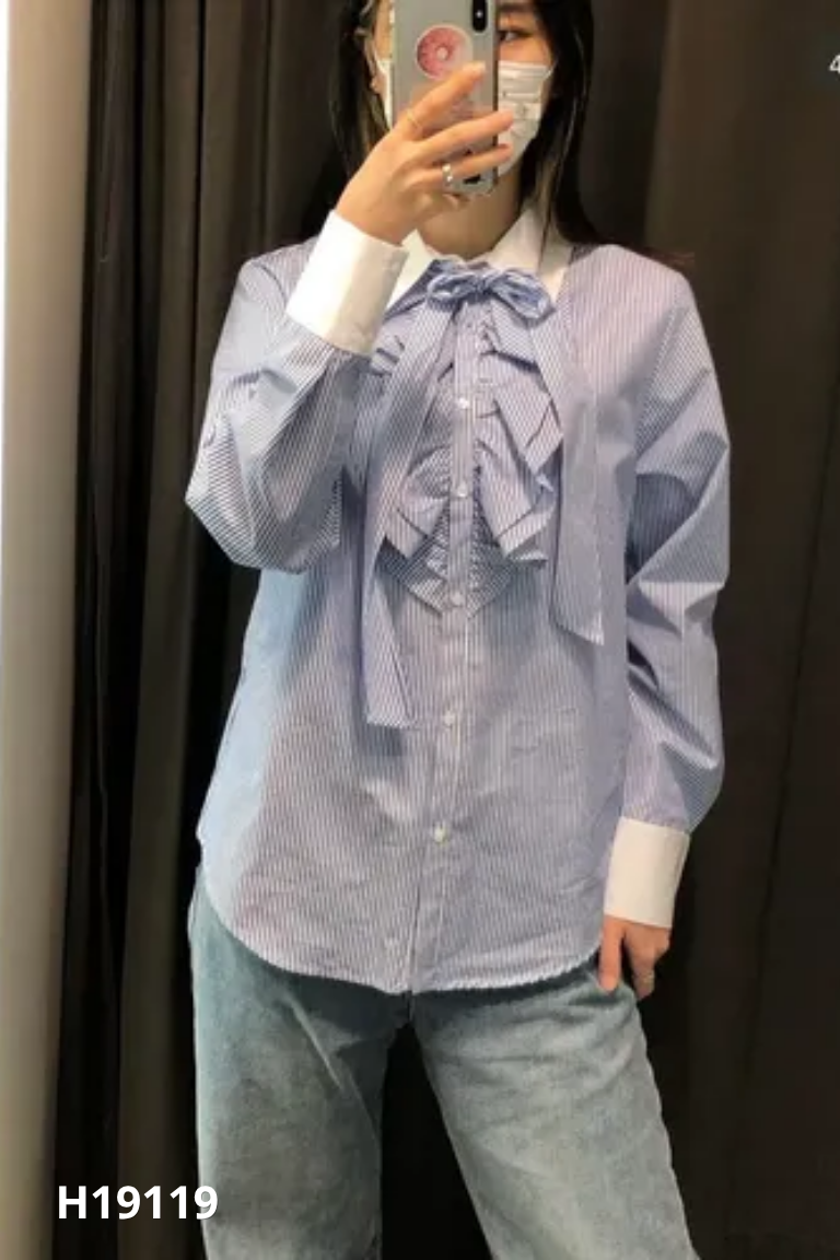 Áo sơ mi ZARA xanh kẻ cổ trắng