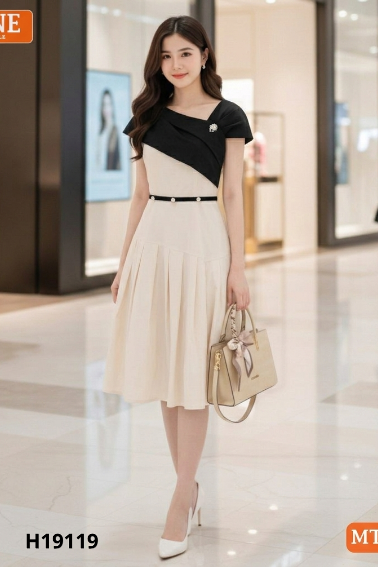 Váy BEMINE be phối đen lệch vai