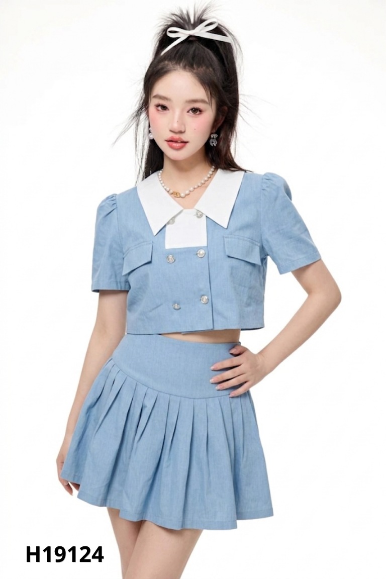 NEWTAG Set Áo xanh cúc ngọc cổ trắng + chân váy