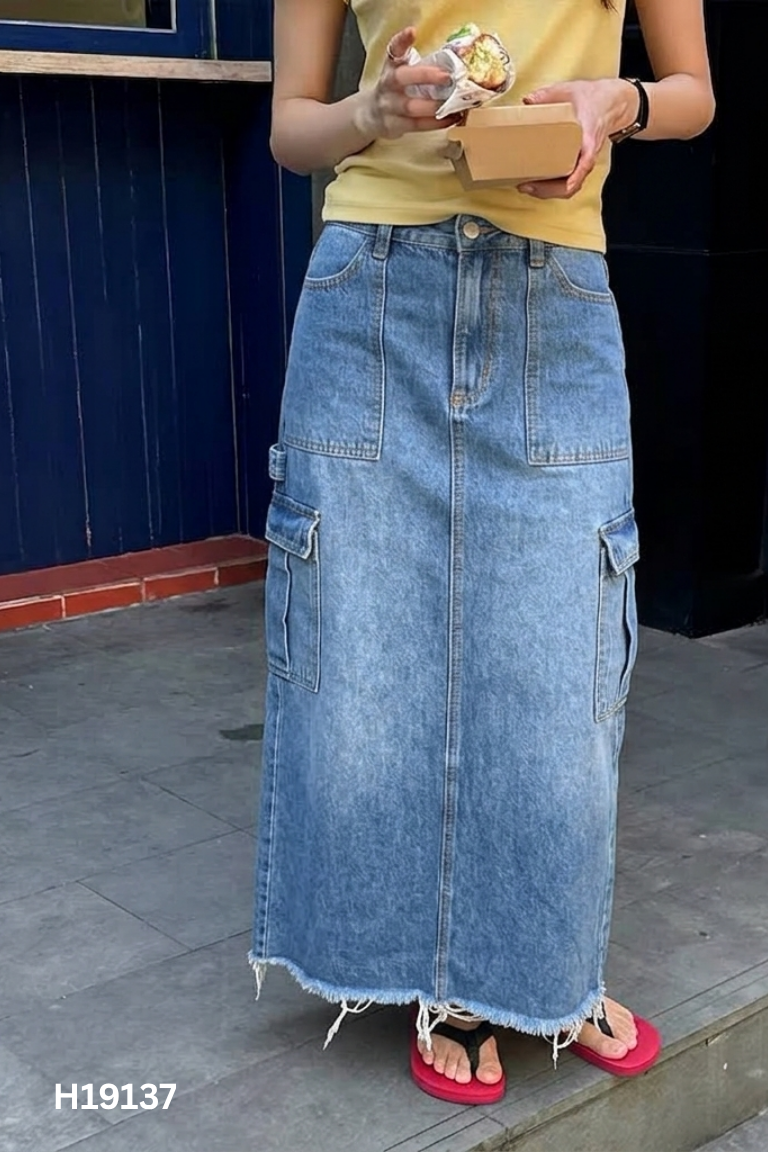 Chân váy jeans xanh túi hộp