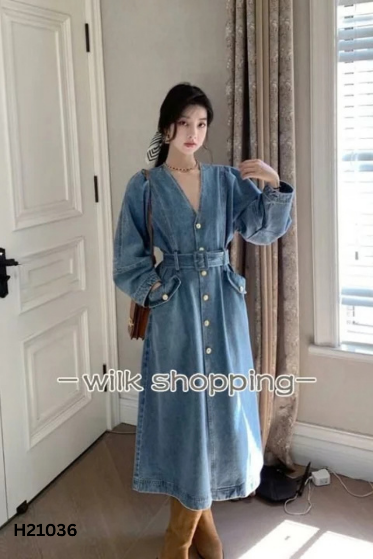 Váy jeans xanh trơn dài phối cúc