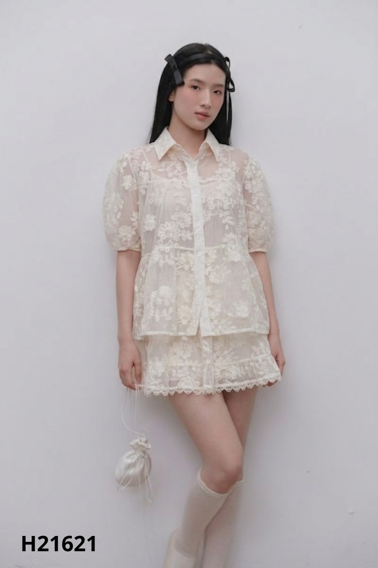 Set áo sơ mi + chân váy voan be họa tiết