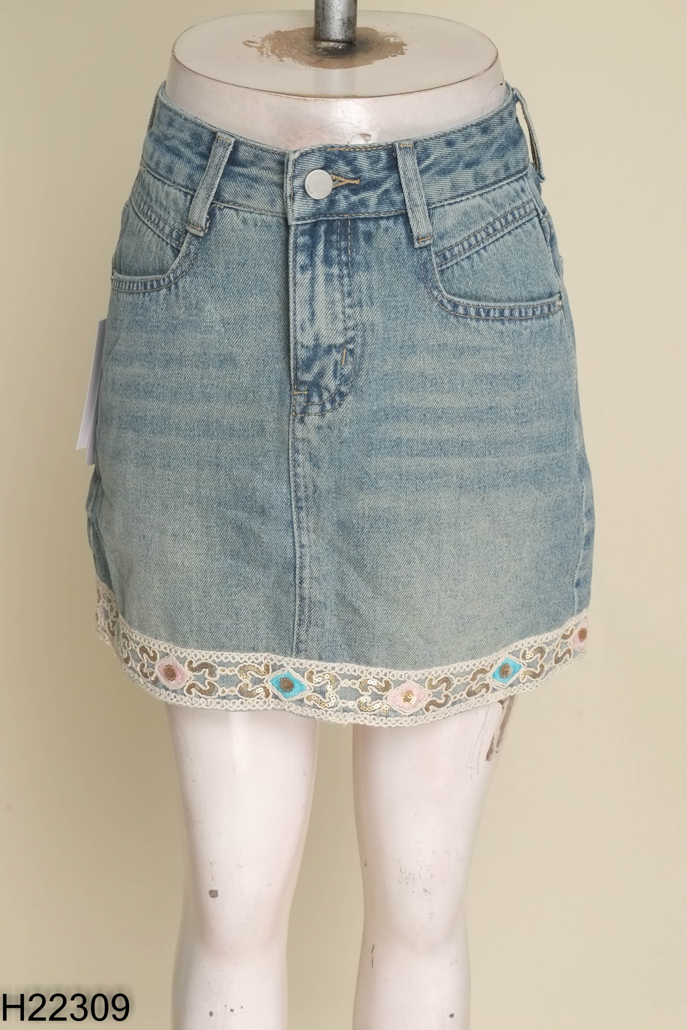 NEWTAG Chân váy jeans xanh chữ A