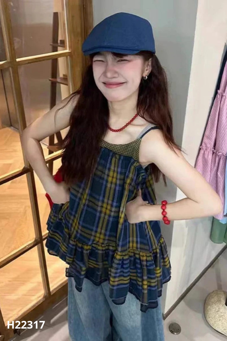 NEWTAG Váy kẻ caro xanh rêu