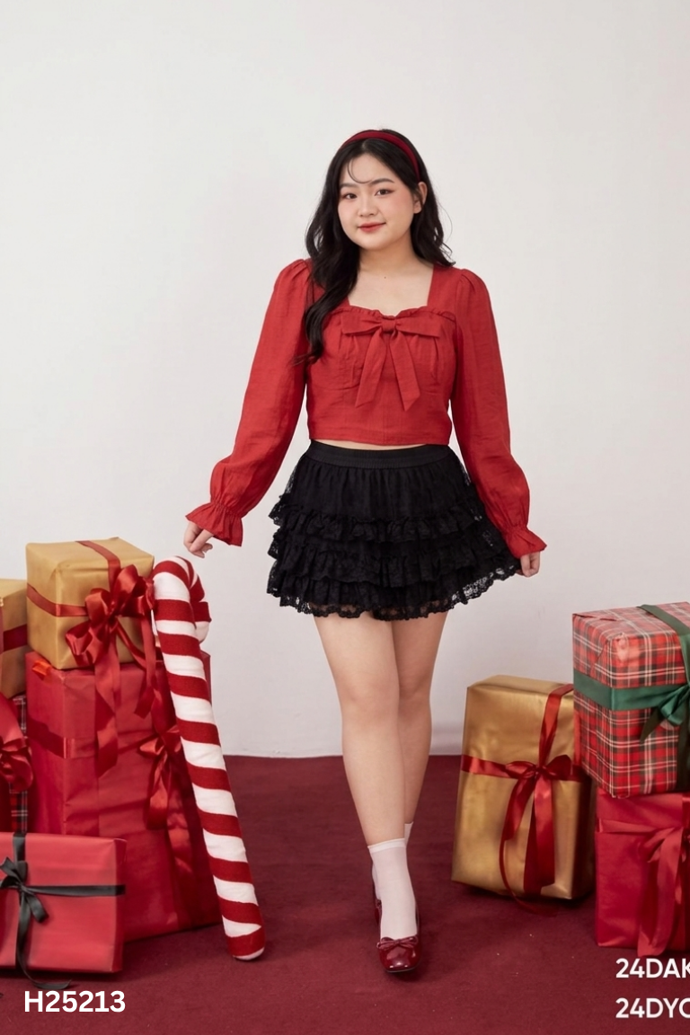 Áo đỏ BU YOUNG cổ vuông phối nơ ngắn