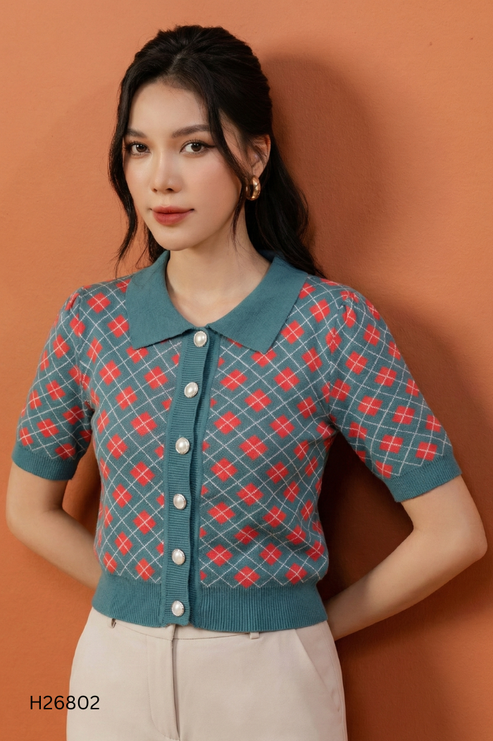 Áo xanh họa tiết kẻ đỏ