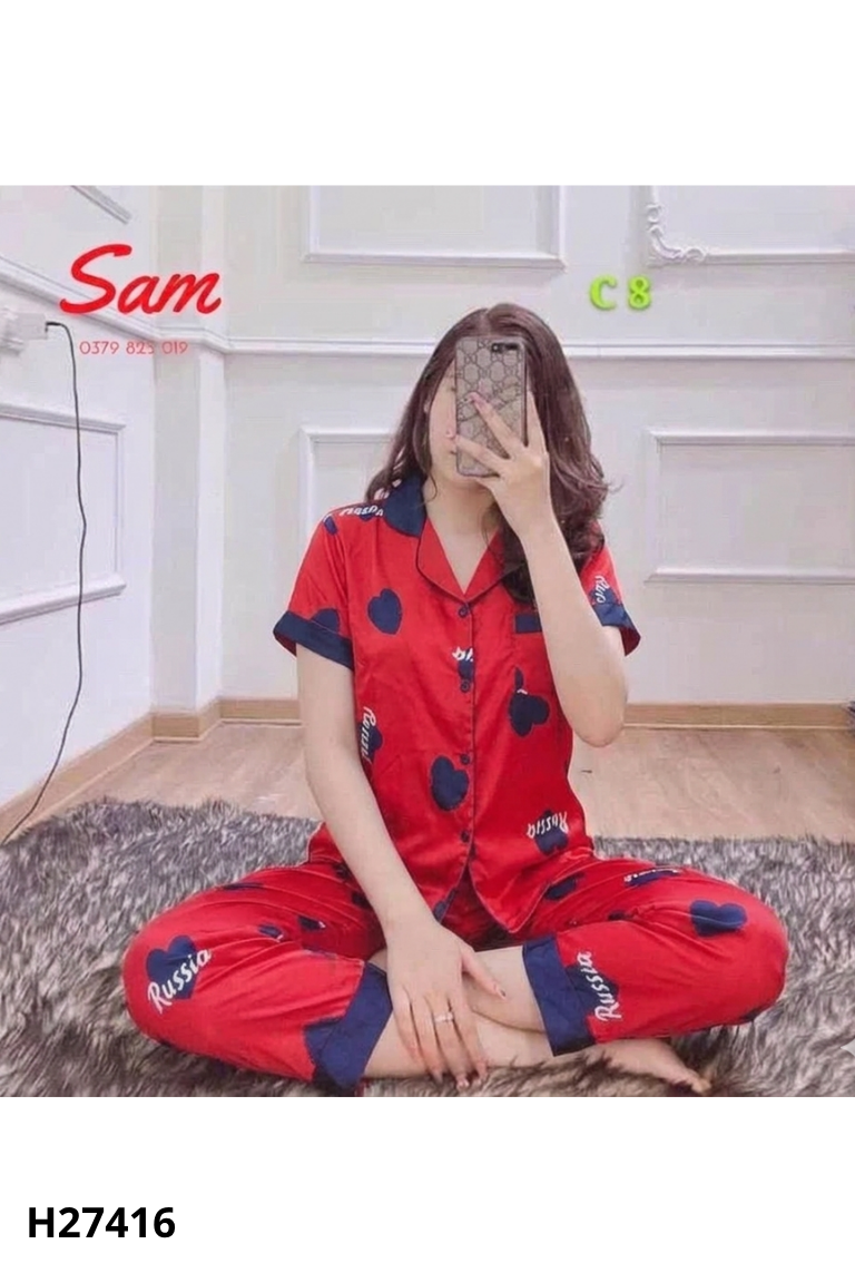 Set Áo đỏ họa tiết xanh + Quần mặc ở nhà