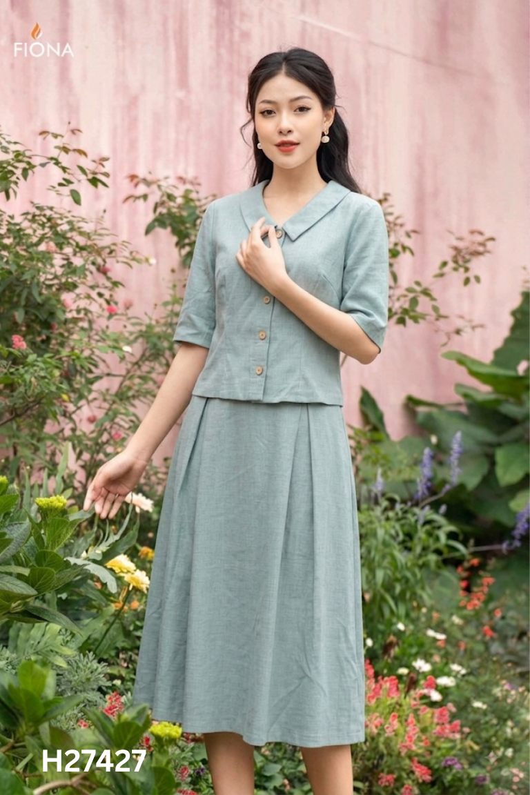 Set PHẠM ATELIER xanh áo kiểu + chân váy