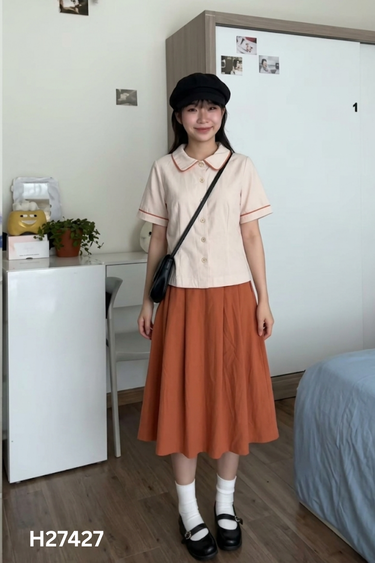 Set PHẠM ATELIER áo be viền cam + chân váy cam