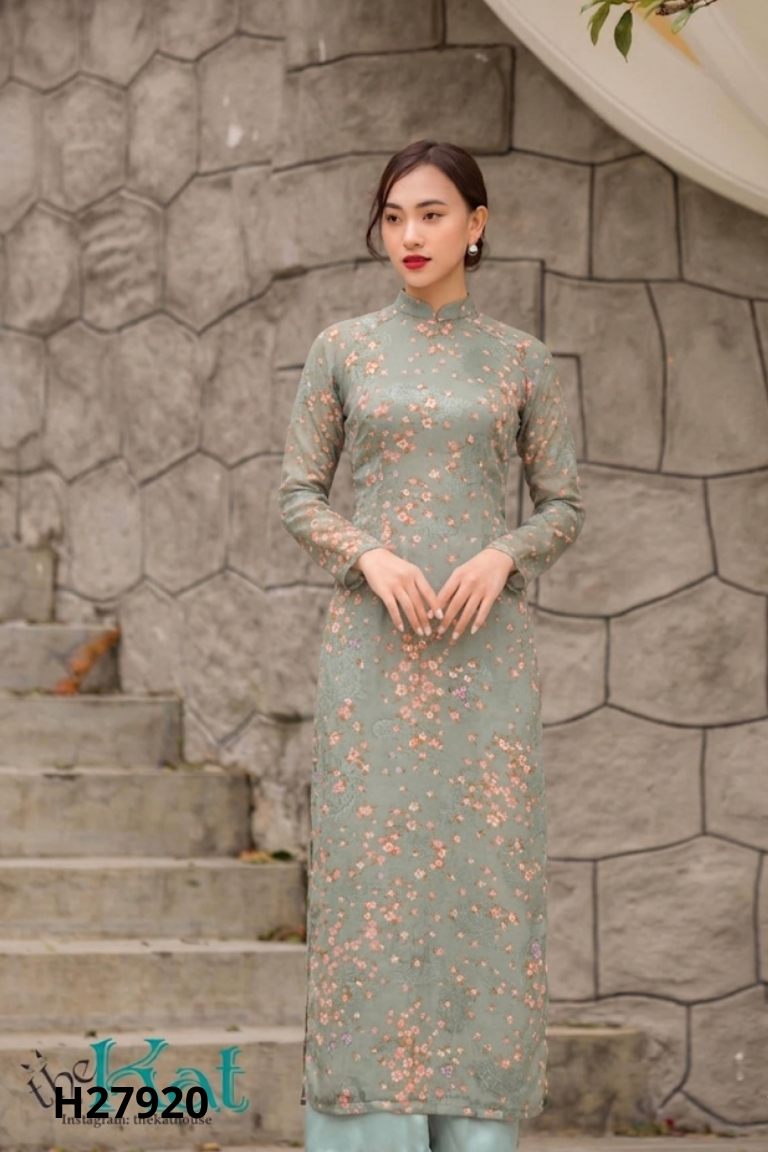 Áo dài GIIAN voan xanh họa tiết