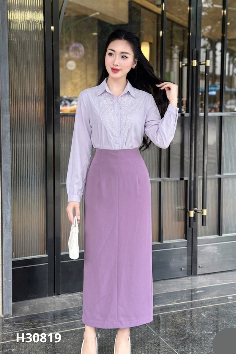 Set Áo sơ mi tím thêu hoa + chân váy