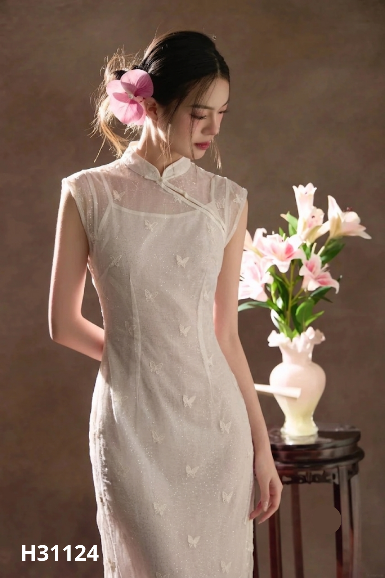 Set sườn xám voan be