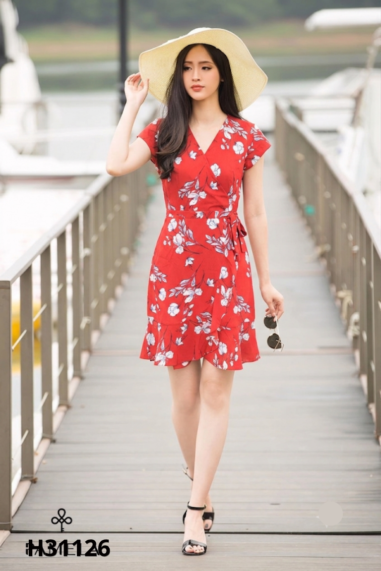 Váy đỏ PAMELA cổ tim tay ngắn hoa