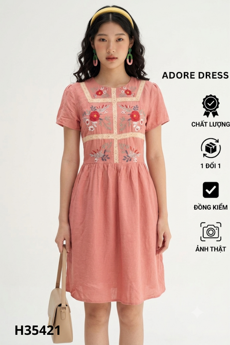Váy ADORE DRESS cam hồng thêu hoa