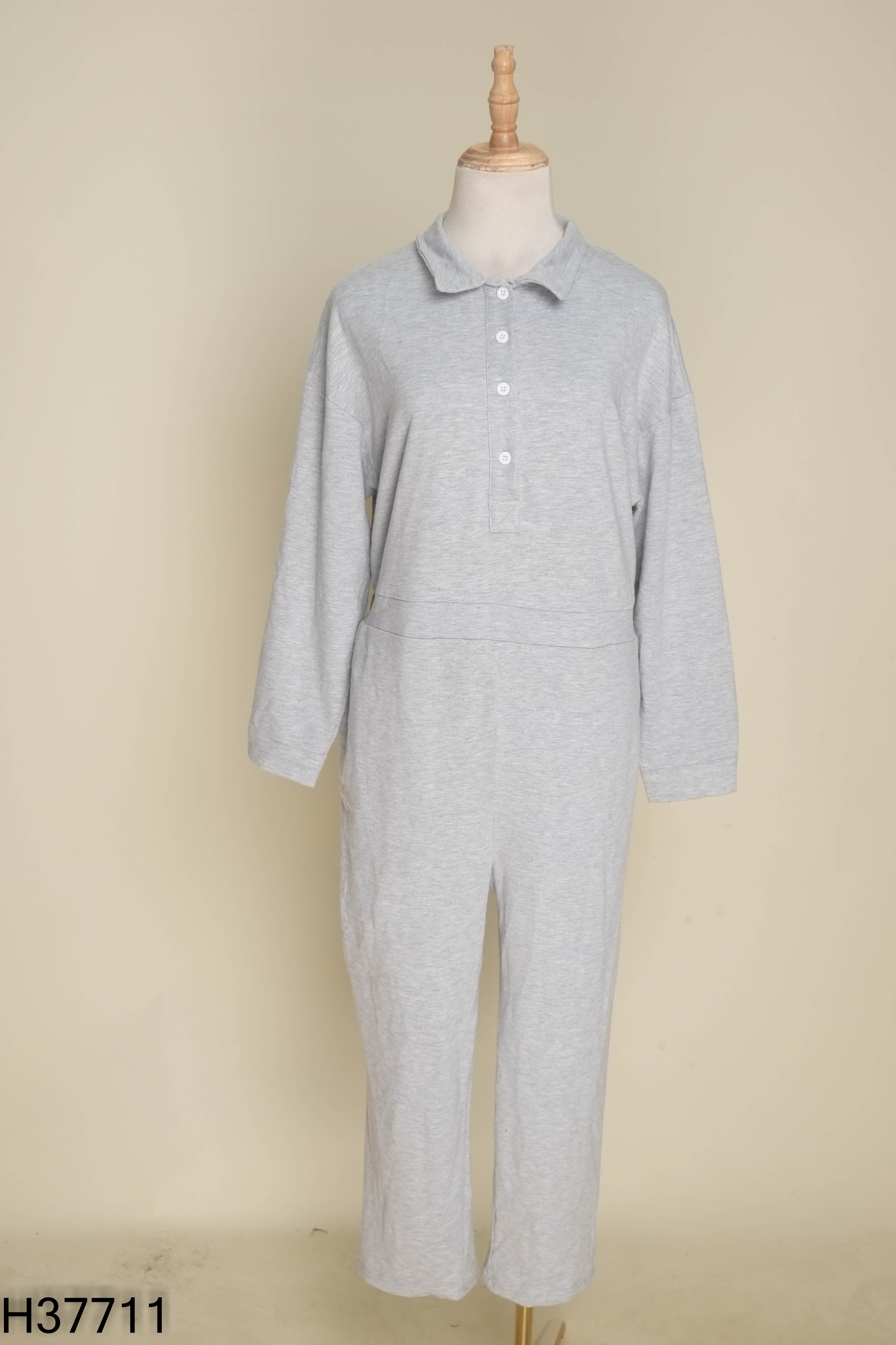 Jumpsuit xám cổ sơ mi