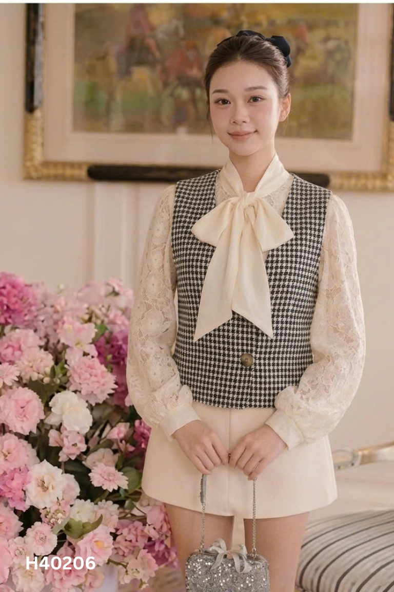 Set áo gile dạ đen trắng + sơ mi be lưới