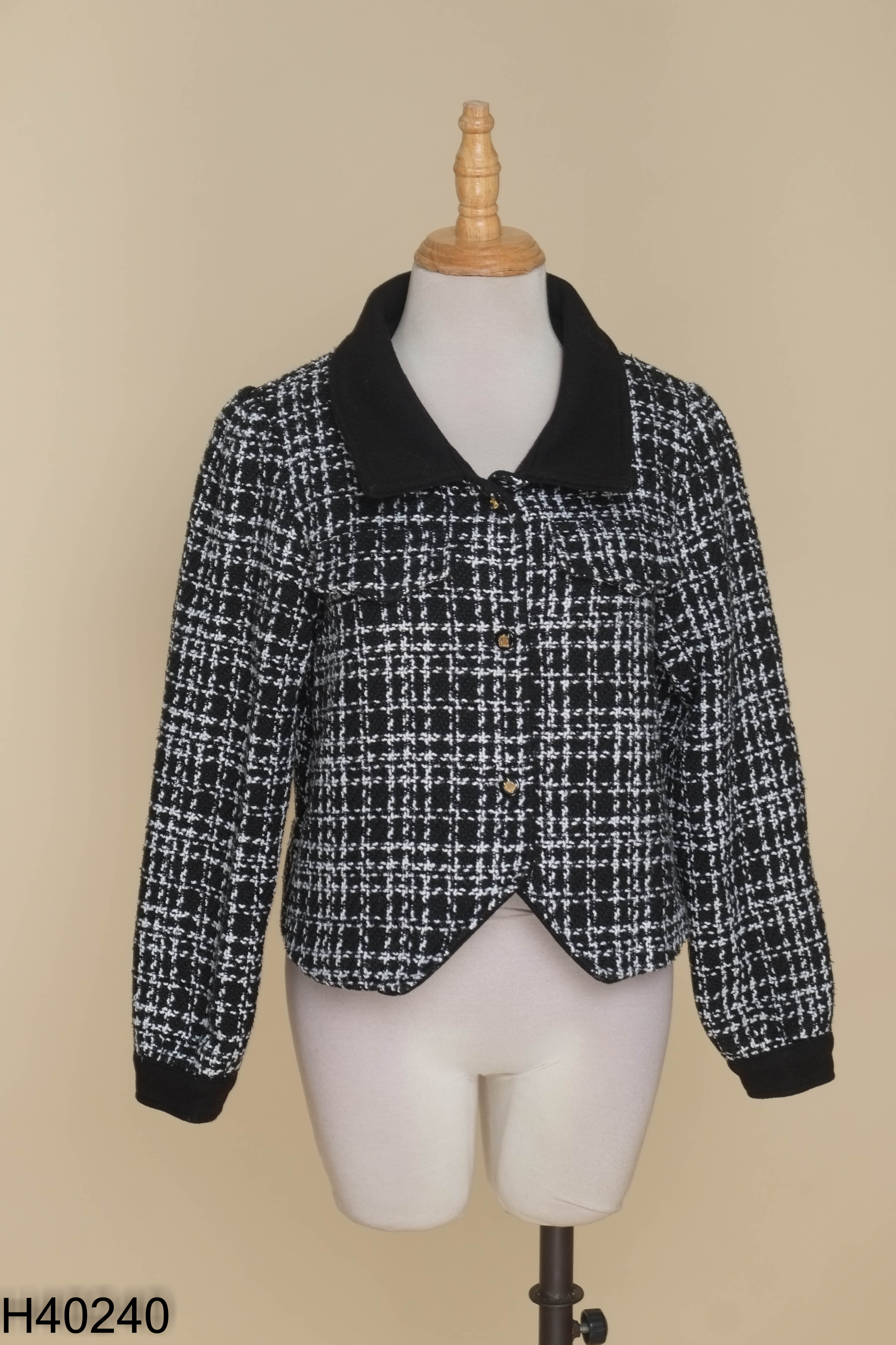 Áo dạ tweed len đen mix trắng ngắn