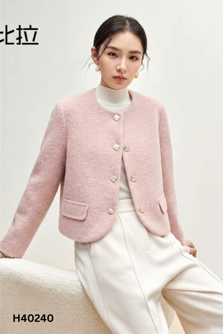 Áo dạ hồng phối kiểu cardigan