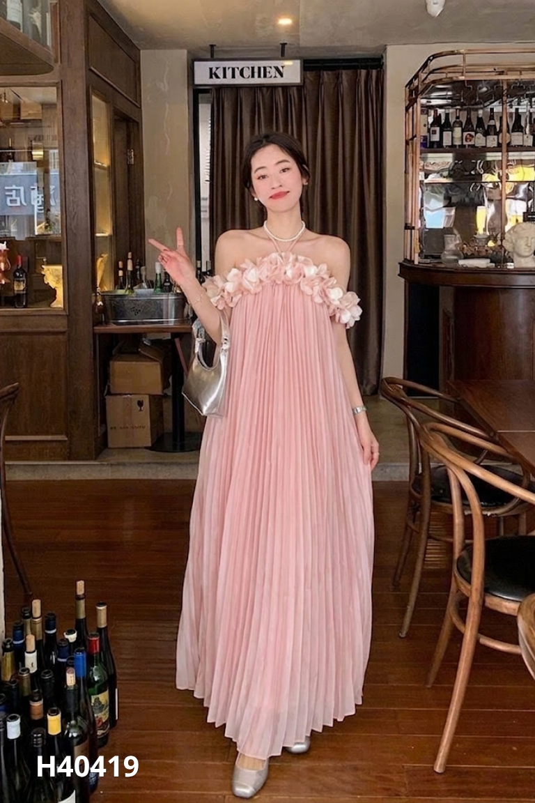 NEWTAG Váy NẾP hồng đính hoa