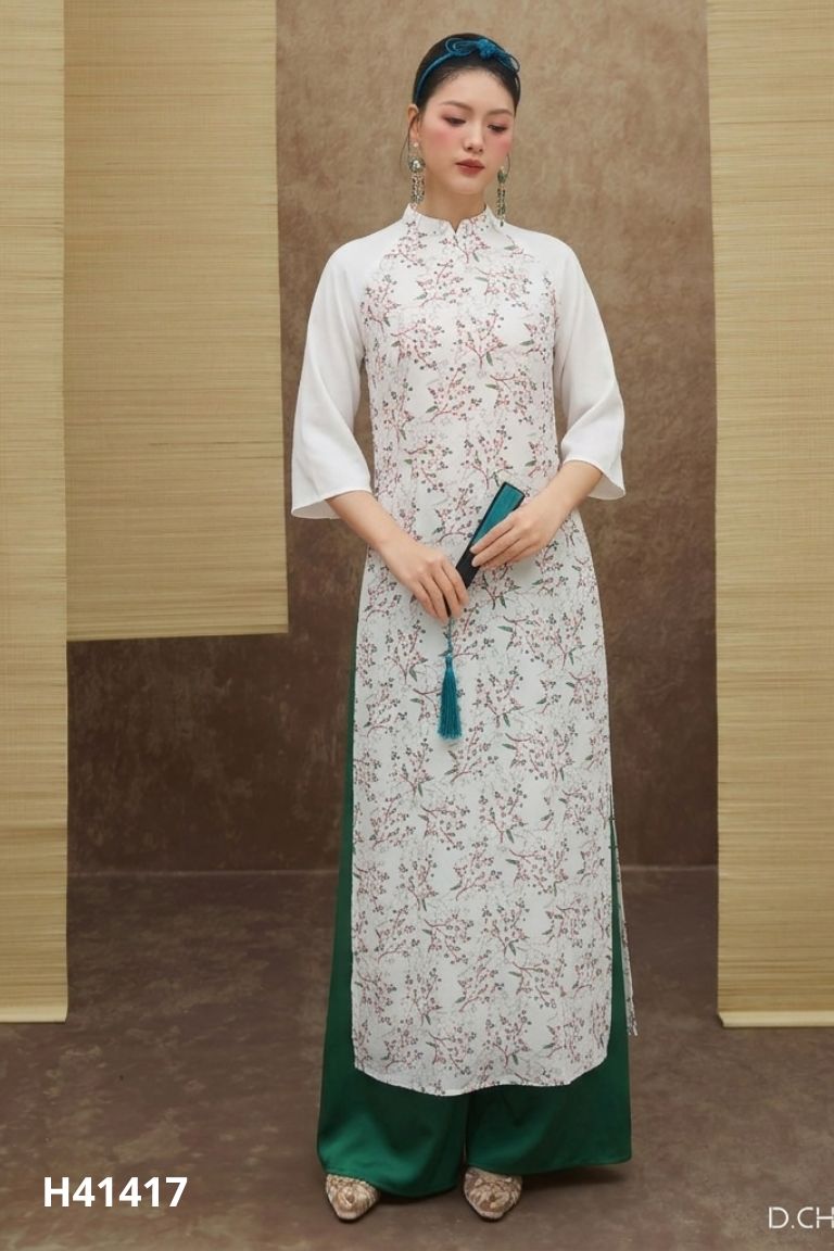 Set áo dài trắng họa tiết + quần lụa xanh