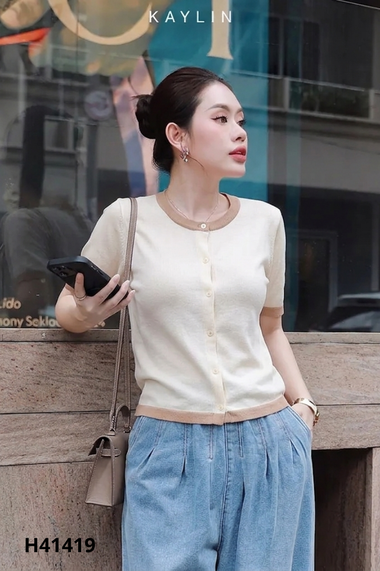 Áo len be viền nâu