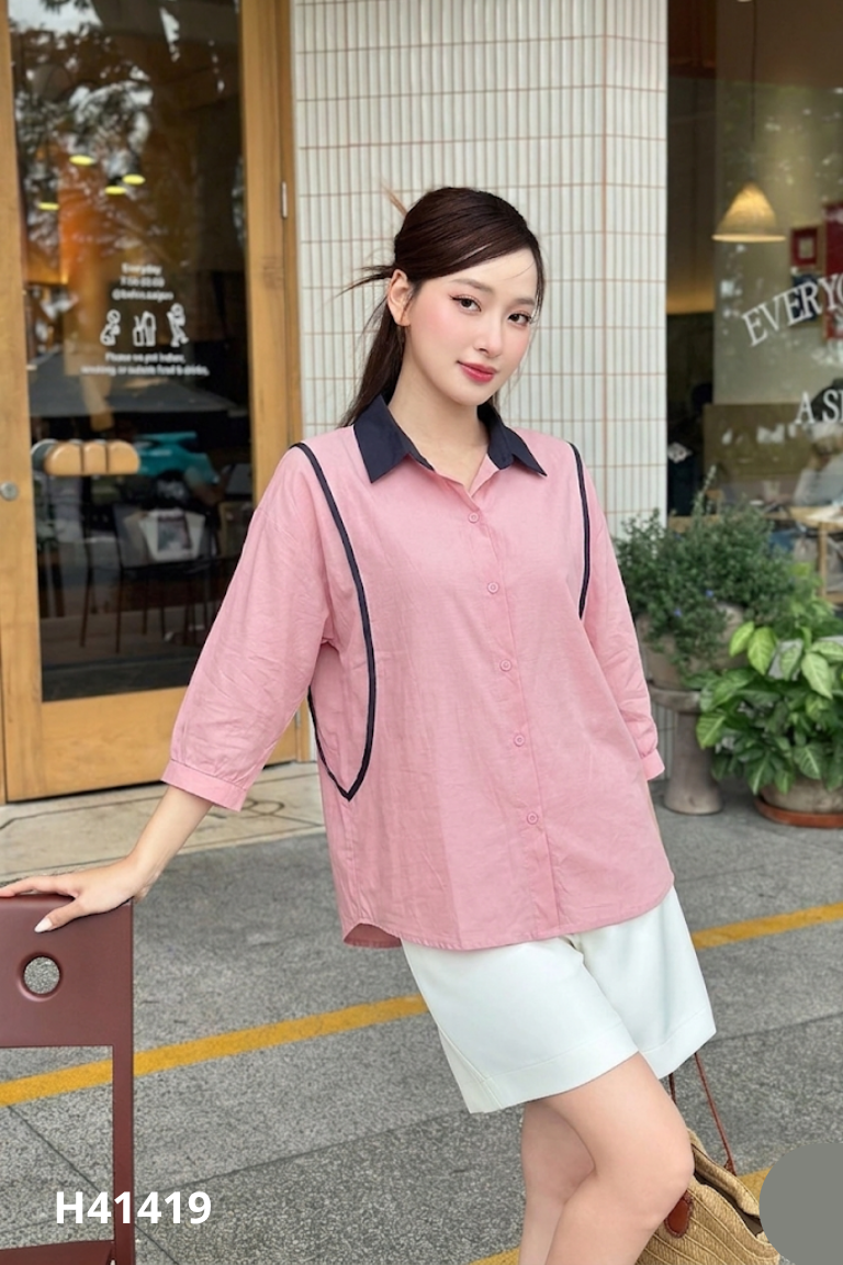 Áo sơ mi hồng mix xanh