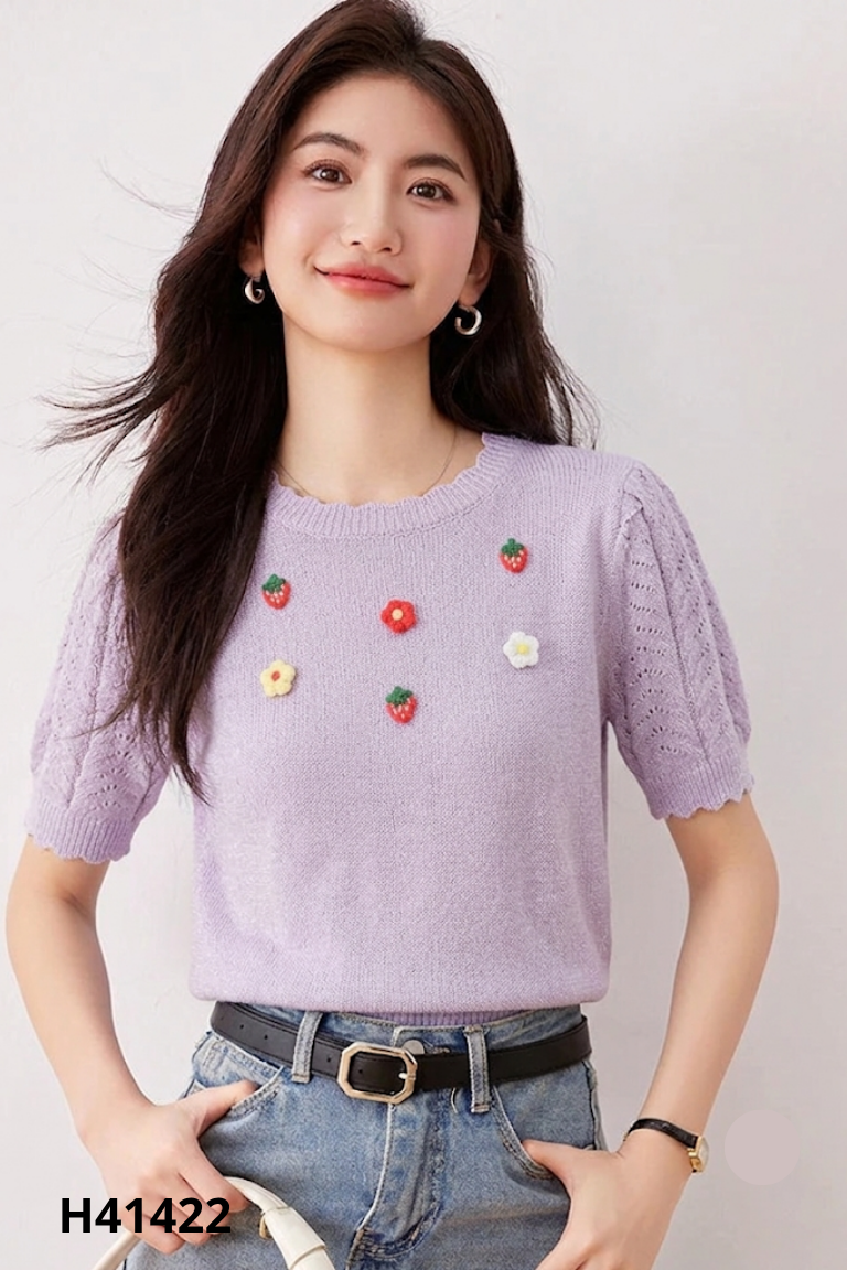 Áo len ngắn tay tím đính hoa