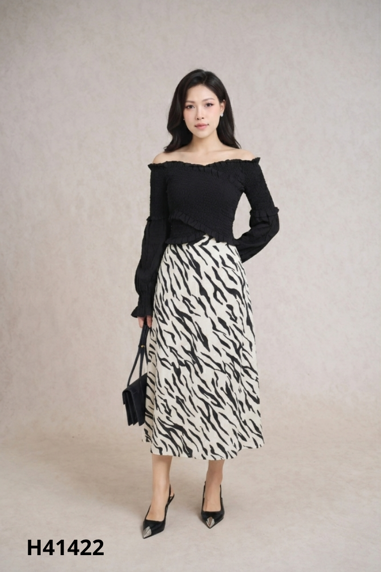 Set đen chun+váy trắng họa tiết